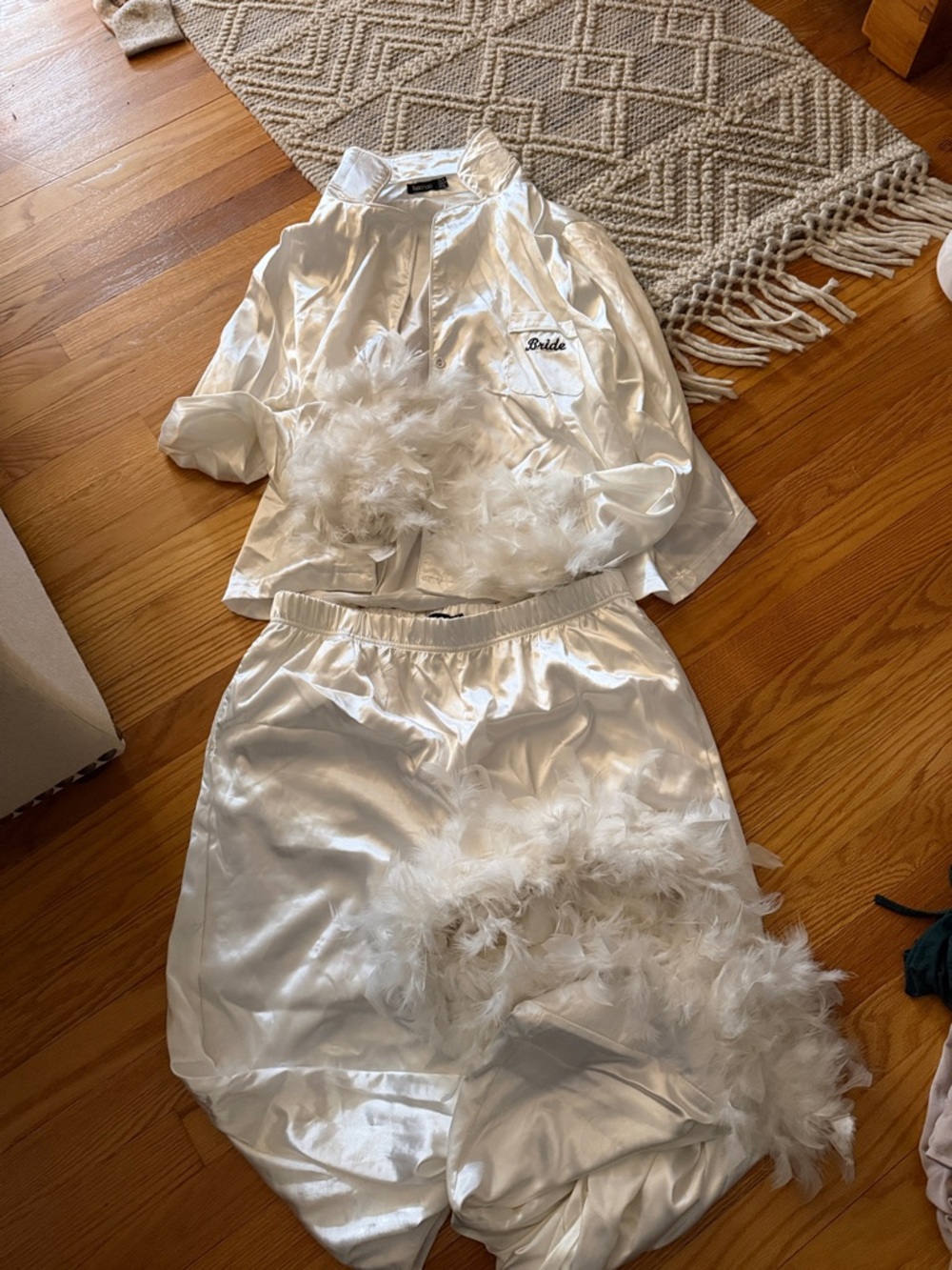 Boohoo White Satin Feather Trim Pajama Set